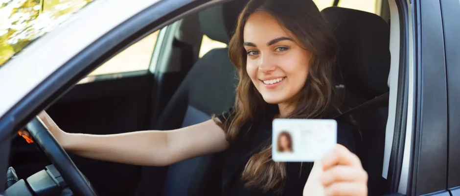 A girl is si9tting in a car and showing her driving license.