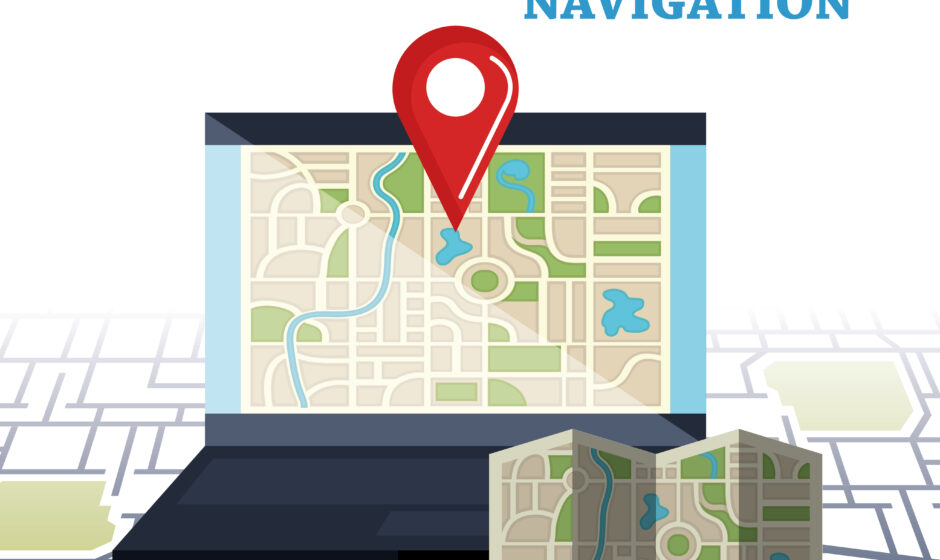 laptop with gps navigation software vector illustration design