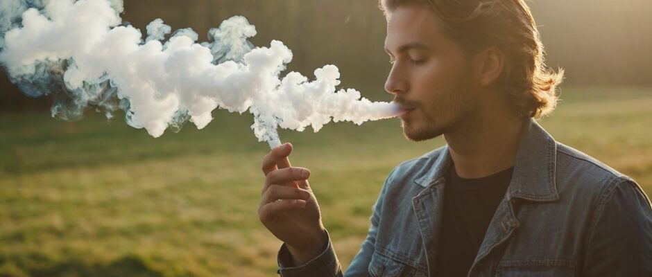 Person in denim jacket exhaling smoke outdoors at sunset.