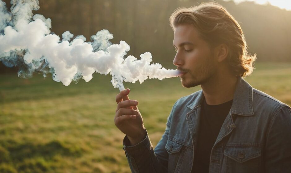 Person in denim jacket exhaling smoke outdoors at sunset.