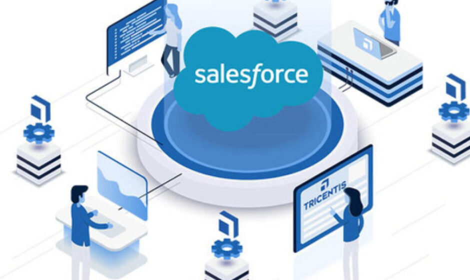 Illustration of online Salesforce course for career advancement, showing a laptop with learning resources and a growth chart in the background.