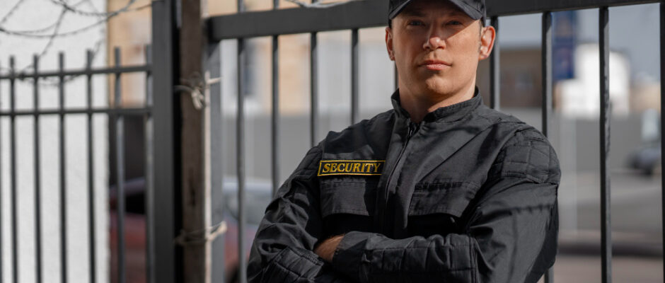 A man in uniform poses in front of a sturdy fence, representing the importance of comprehensive commercial security.