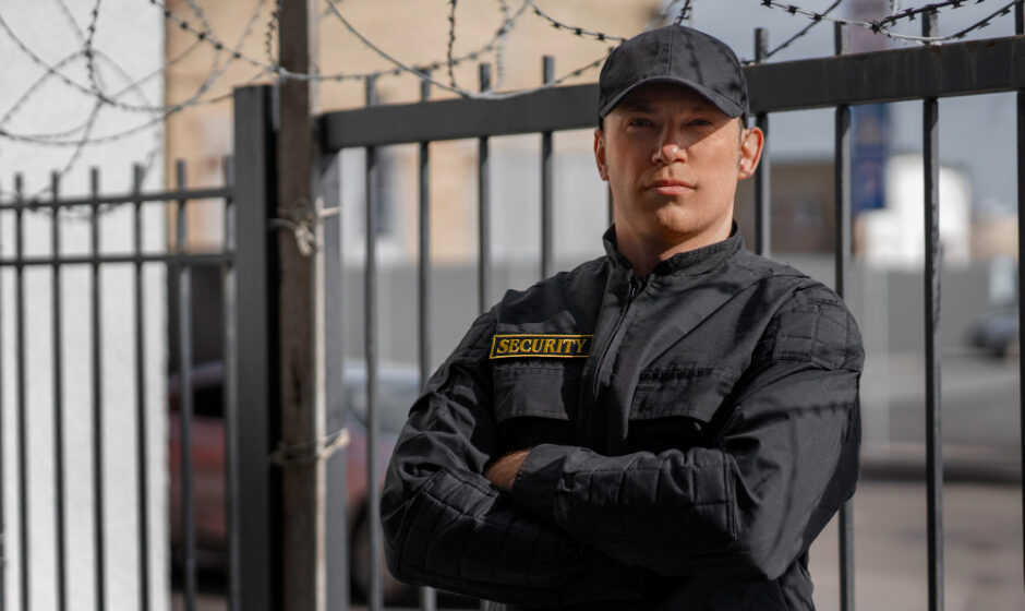 A man in uniform poses in front of a sturdy fence, representing the importance of comprehensive commercial security.