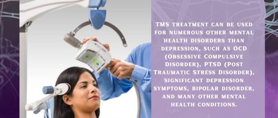 TMS treatment, showing the placement of the electromagnetic coil on the scalp, highlighting the non-invasive nature of the procedure.