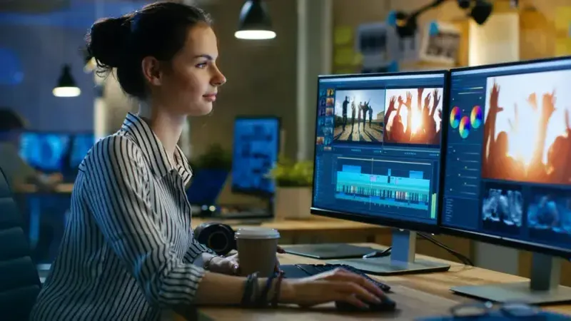 Woman working on video editing software at a dual-monitor setup in a modern film production studio.