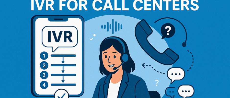 Colorful YouTube thumbnail showing a call center agent interacting with an IVR (Interactive Voice Response) system, featuring step-by-step visual elements and icons representing customer support automation.
