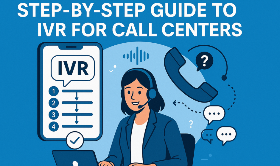 Colorful YouTube thumbnail showing a call center agent interacting with an IVR (Interactive Voice Response) system, featuring step-by-step visual elements and icons representing customer support automation.