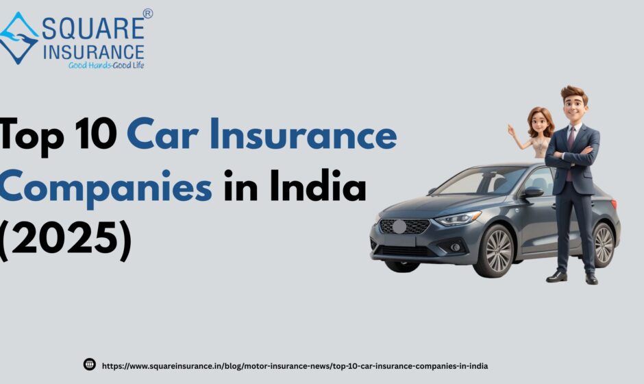 Illustration of two animated characters standing next to a car with the title "Top 10 Car Insurance Companies in India (2025)" and Square Insurance logo.